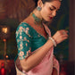 Blush Pink Silk Saree with Hand Embroidery & Teal Blouse