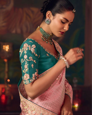 Blush Pink Silk Saree with Hand Embroidery & Teal Blouse