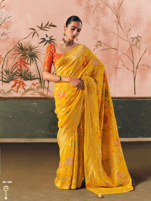Yellow Pure Georgette Bandhani Saree With Zari Work and Contrast Blouse