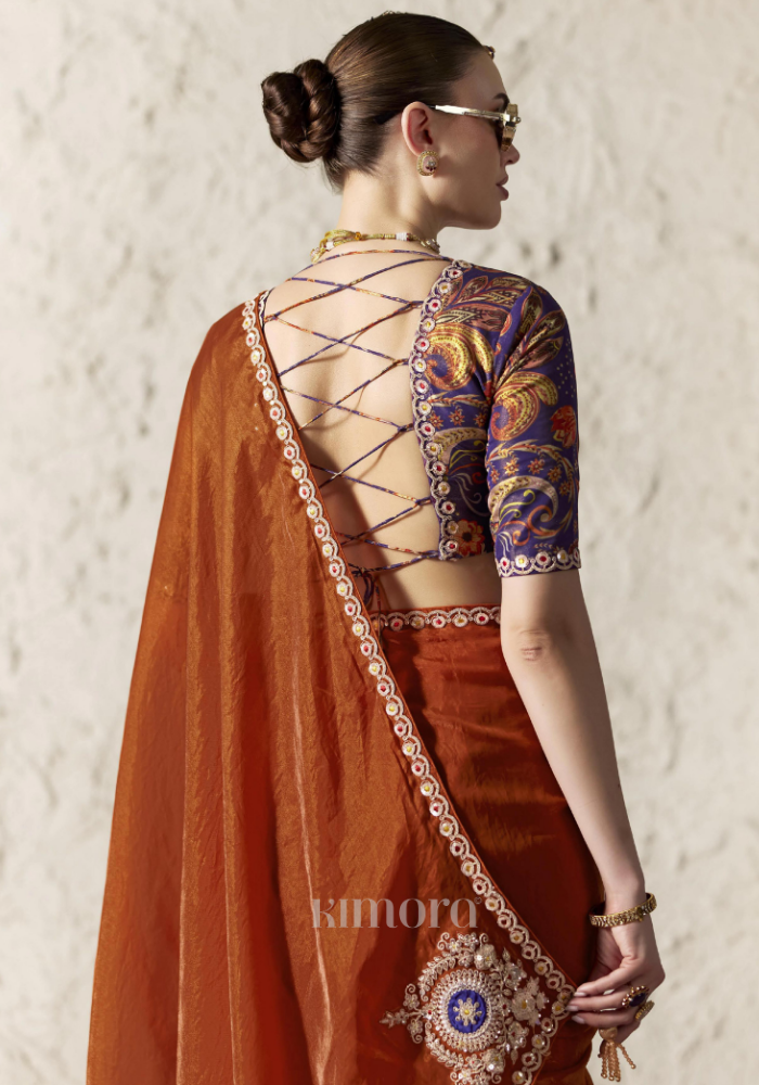 Deep Violet Linen Satin Blouse with Paisley and Floral Print  Backless Design, Designer Printed Blouse for Wedding and Festive Sarees