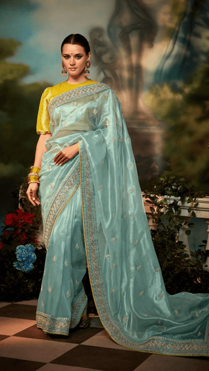 KIMORA’S SEA GREEN ORGANZA SAREE - Kimora.in