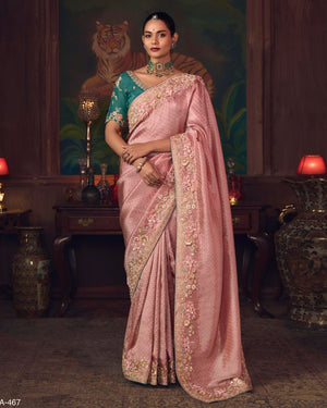 Blush Pink Silk Saree with Hand Embroidery & Teal Blouse