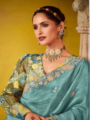 Tissue Silk Saree with Embroidered Border and Floral Blouse