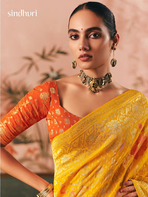 Yellow Pure Georgette Bandhani Saree With Zari Work and Contrast Blouse
