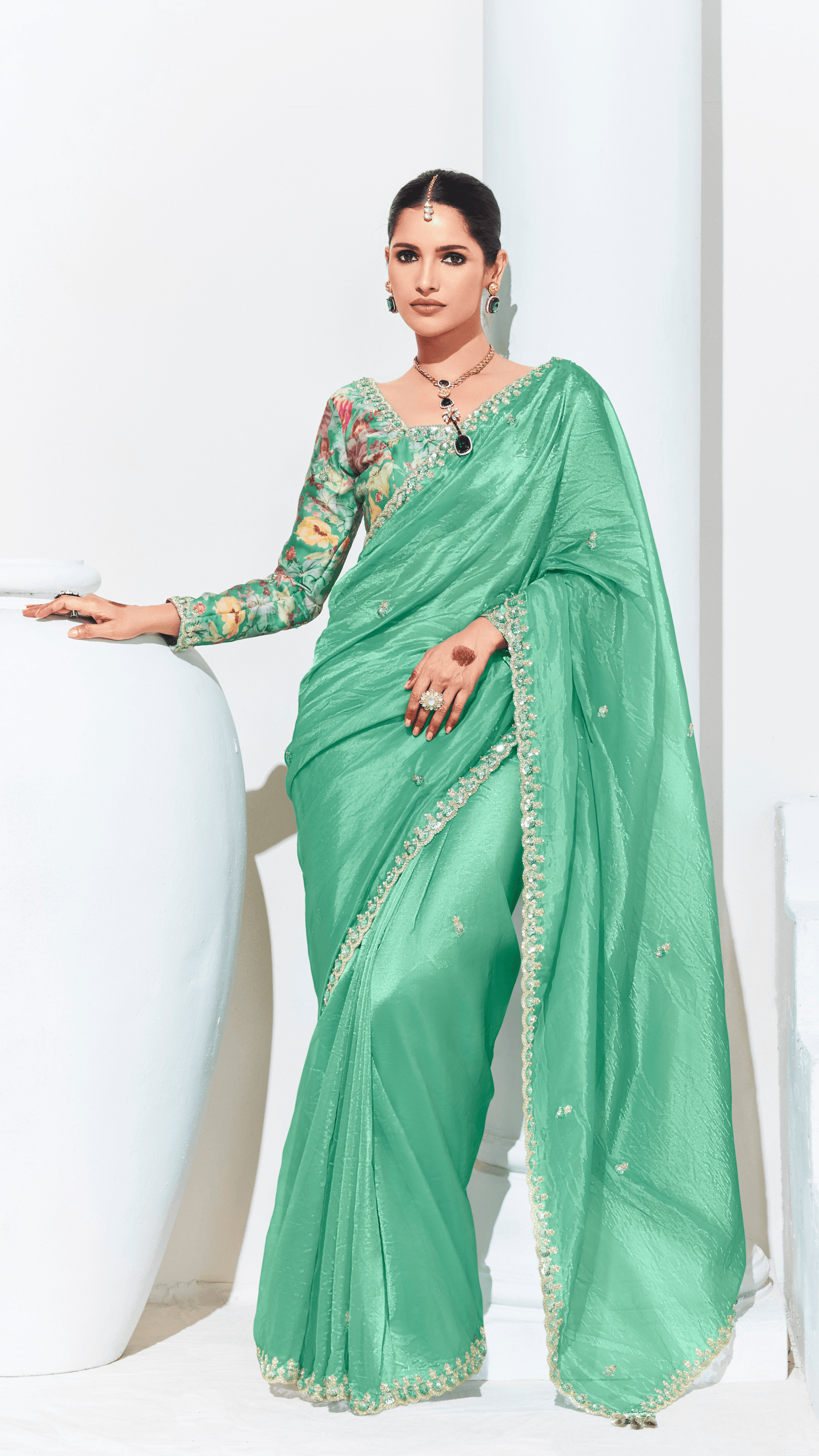 GREEN SILK SAREE WITH FLORAL BLOUSE – A PERFECT BLEND OF GRACE & ELEGANCE - Kimora.in