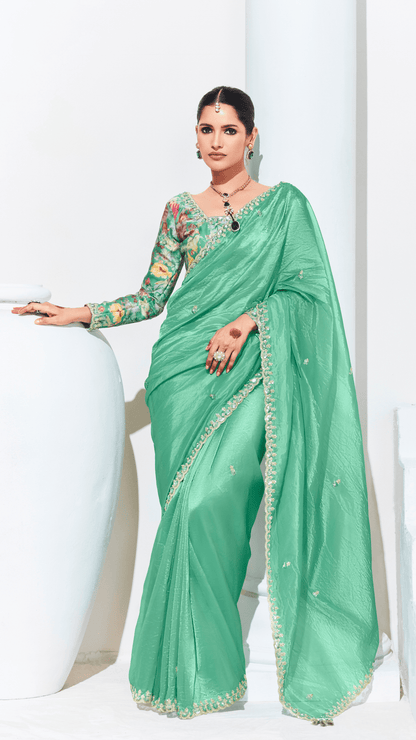 GREEN SILK SAREE WITH FLORAL BLOUSE – A PERFECT BLEND OF GRACE & ELEGANCE - Kimora.in