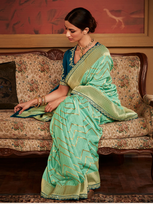 Sea Green Banarasi Saree with Teal Blouse and Zari Embroidery