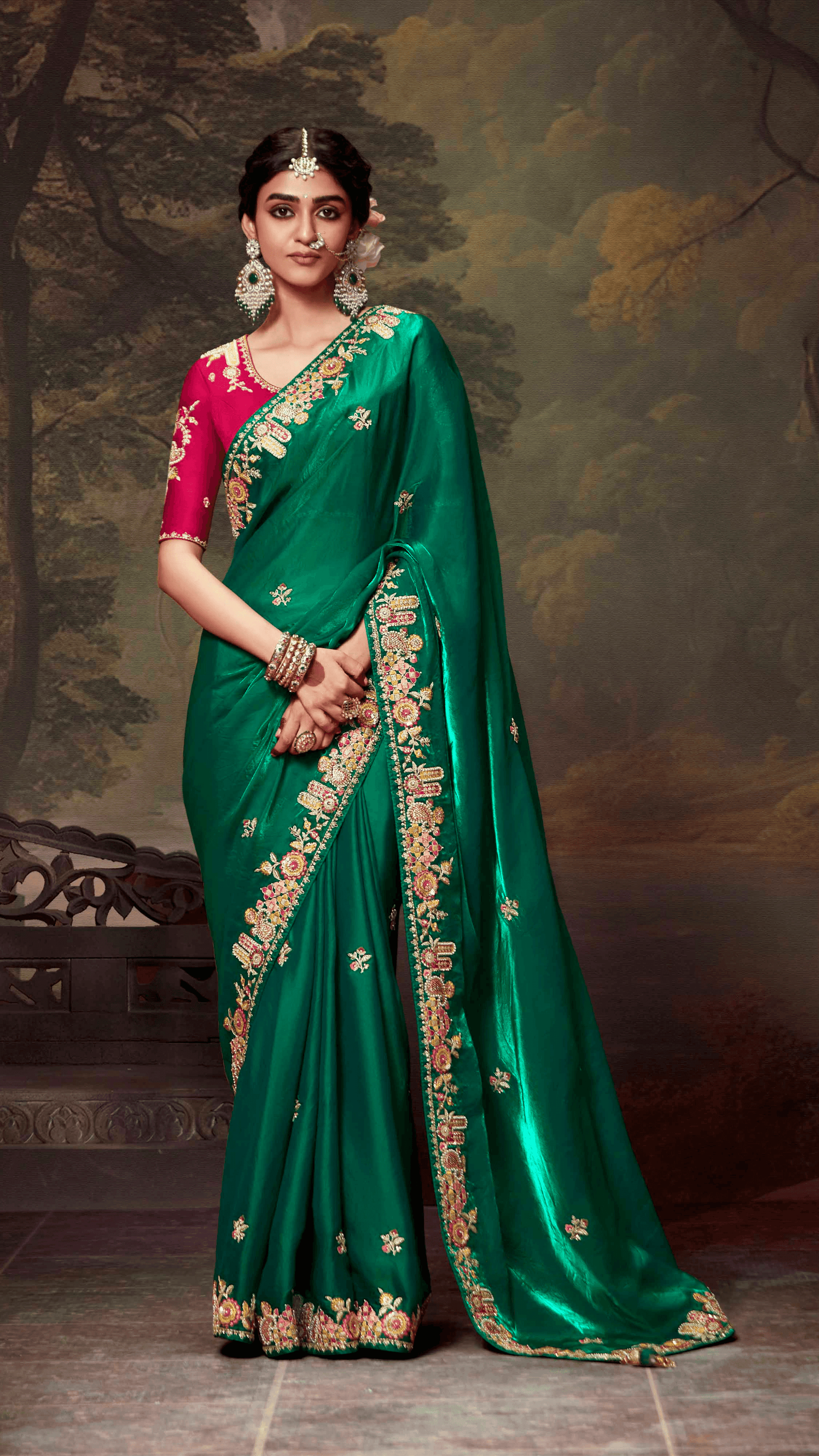 EMERALD GREEN DESIGNER ORGANZA SILK SAREE - Kimora.in