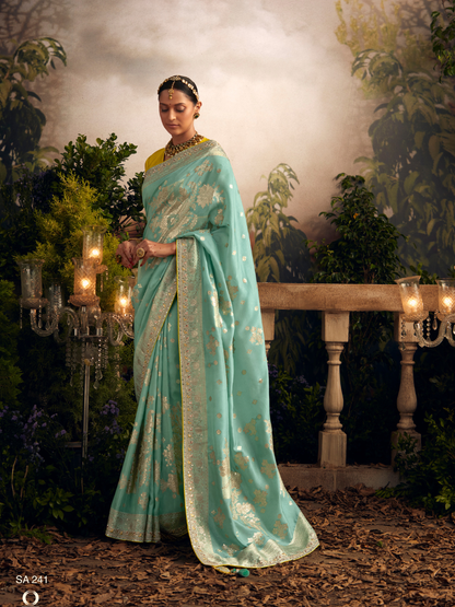 Mint Green Pure Soft Silk Saree With Rich Zari Border and Embroidery Blouse