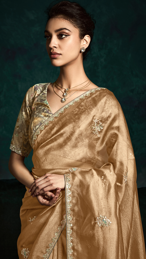Orange Organza Silk Saree with Unstitched Floral Printed Silk Blouse Fabric