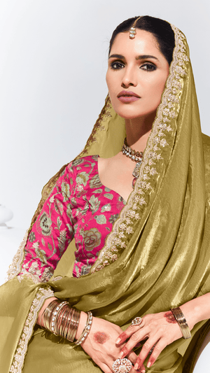 OLIVE GREEN SILK SAREE WITH EMBROIDERED BLOUSE – A TIMELESS ETHNIC STATEMENT - Kimora.in