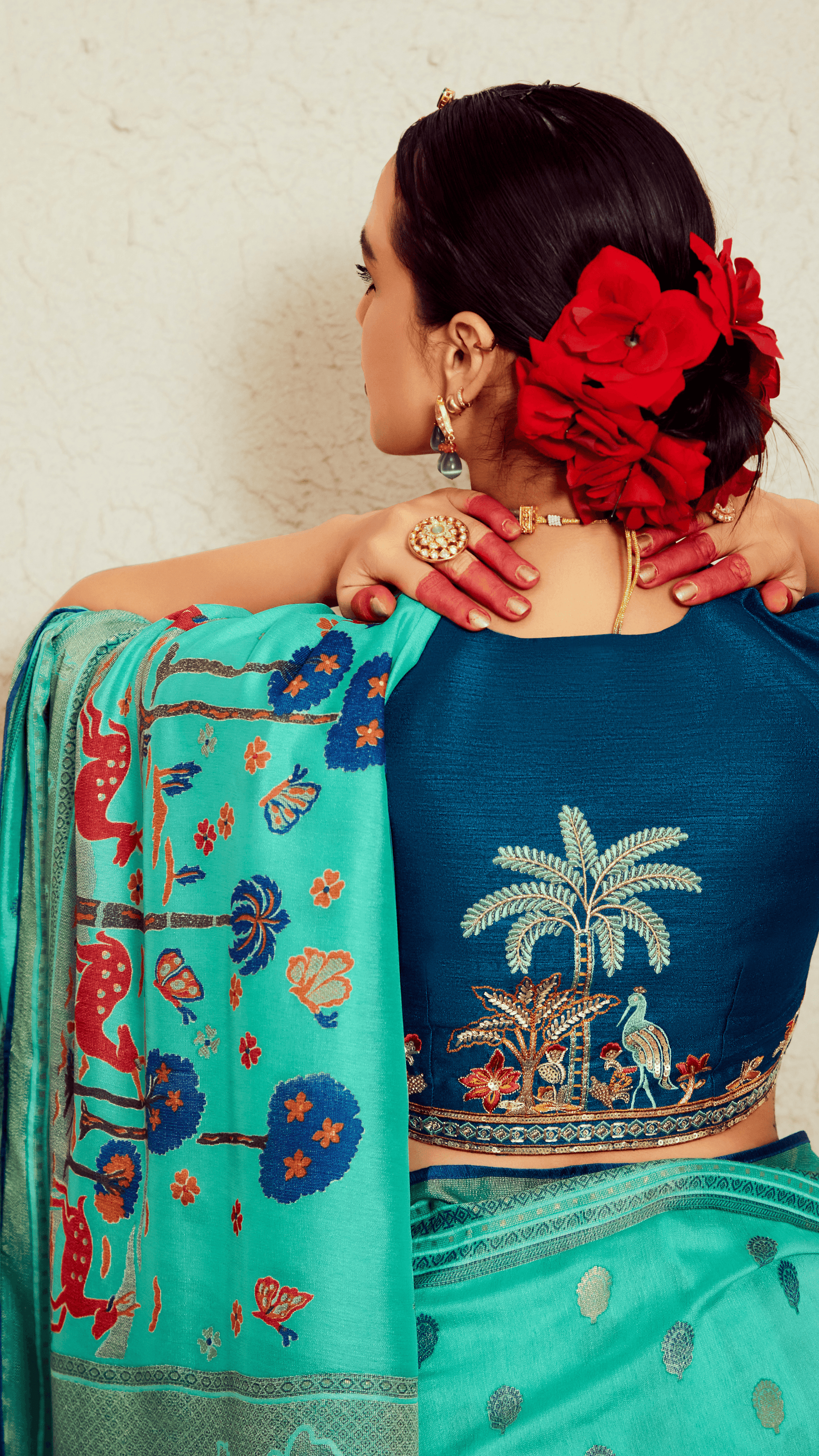 FOREST DREAMS-Teal Saree with Enchanted Wildlife Print - Kimora.in