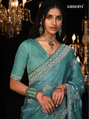 Teal Silk Saree With Heavy Border and Blouse