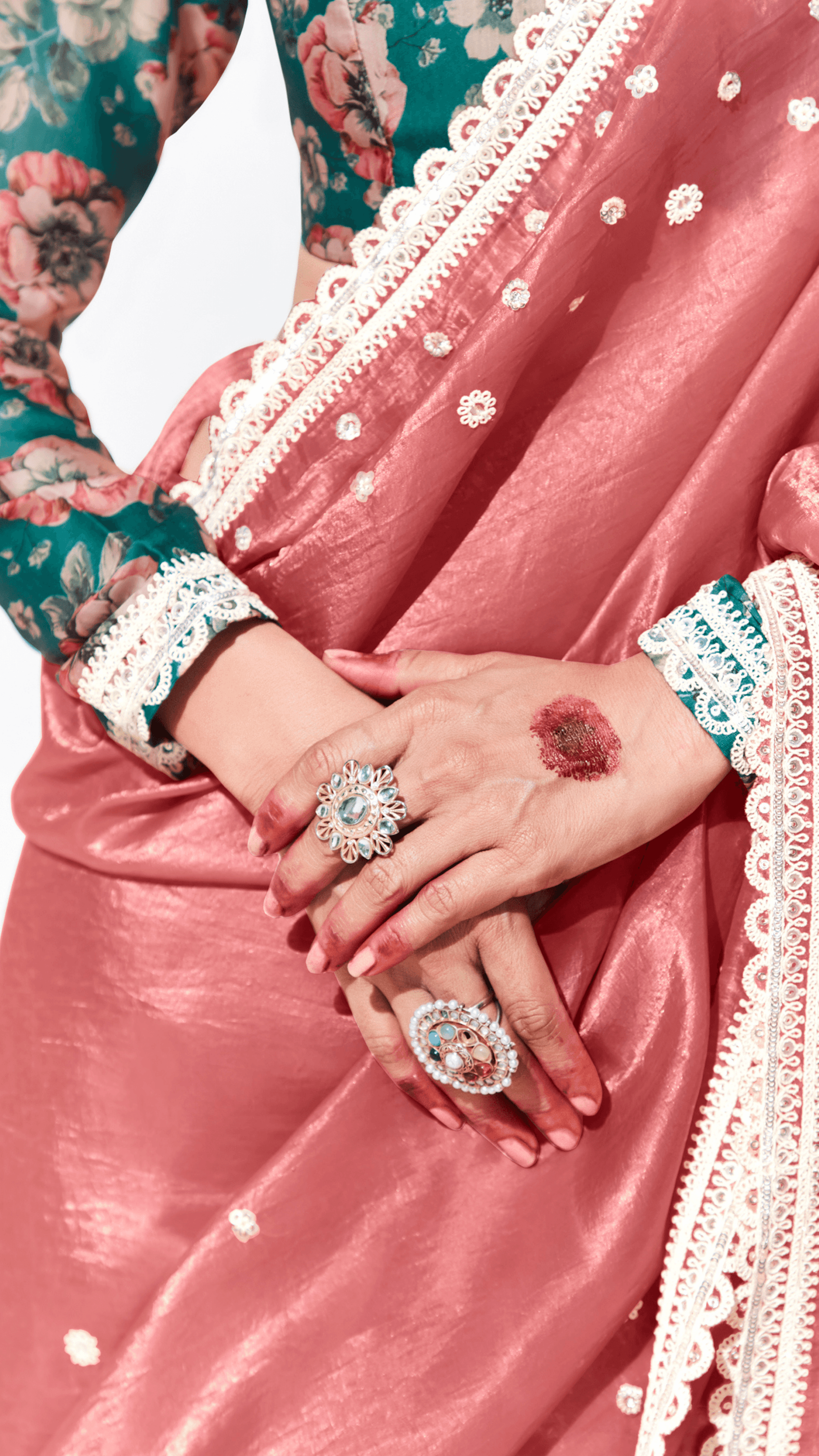 PINK SAREE WITH GREEN FLORAL BLOUSE – A GRACEFUL ETHNIC ENSEMBLE - Kimora.in