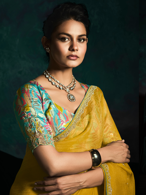Yellow Organza Tissue Saree with Crush Effect & Printed Blouse
