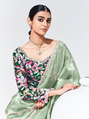 Soft Green Silk Saree With Floral Printed Blouse
