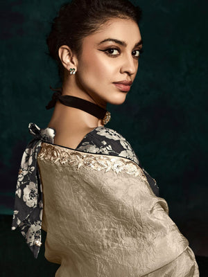Beige Crush Fabric Saree with Printed Silk Blouse