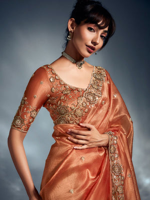 Orange Tissue Silk Saree with Embroidered Blouse