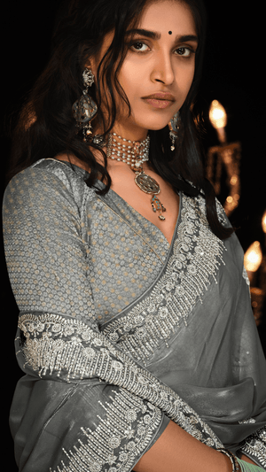 GRACEFUL GREY KANJIVARAM SILK SAREE WITH INTRICATE SILVER EMBROIDERY - Kimora.in