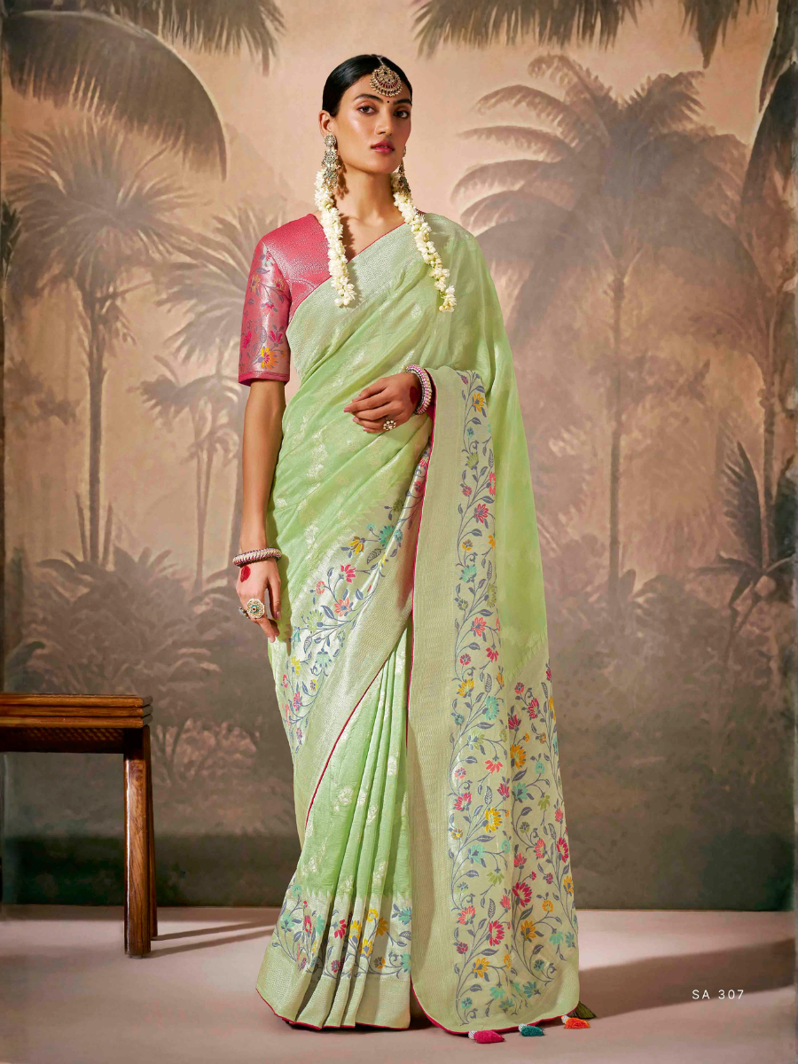 Sugandhika soft Munga silk Saree In pistachio green