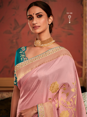 Pastel Pink Silk Saree With Golden Border and Embroidery Blouse