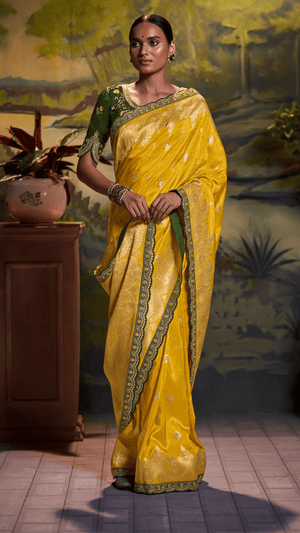 YELLOW PURE DOLA SILK SAREE WITH CONTRASTING GREEN EMBROIDERED BLOUSEE - Kimora.in