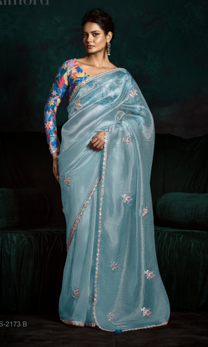 SKY BLUE DESIGNER ORGANZA SAREE  – A BLUSH OF ELEGANCE