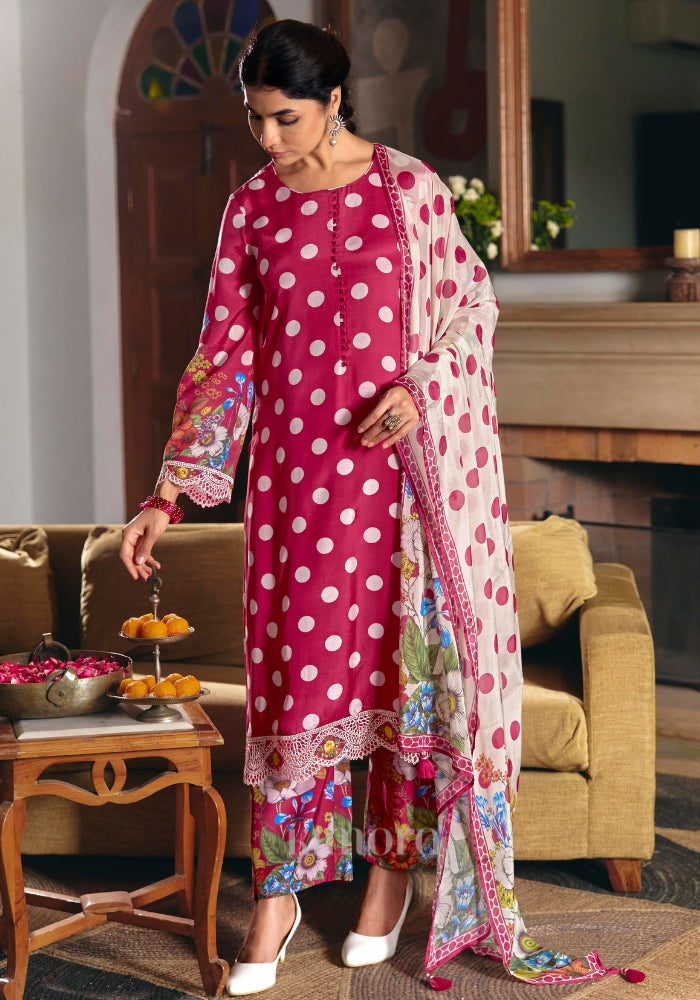 Kimora's Pure Muslin Floral Polka Rakhi Special Suit In Red