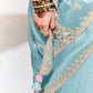 SKY BLUE SILK SAREE WITH FLORAL BLOUSE – A DREAMY ETHNIC ATTIRE