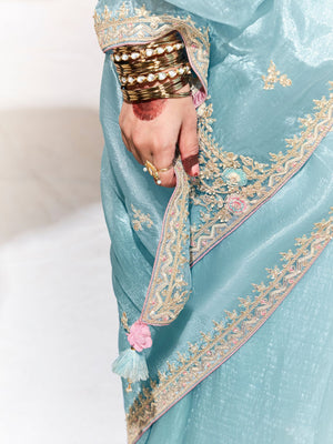 SKY BLUE SILK SAREE WITH FLORAL BLOUSE – A DREAMY ETHNIC ATTIRE
