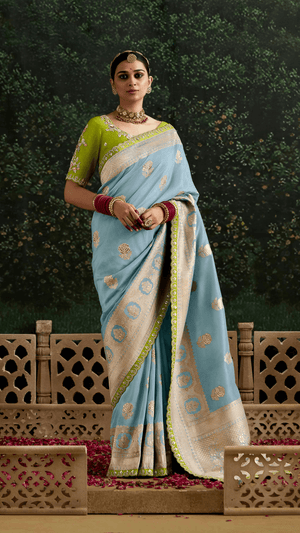 SKY BLUE BANARASI DOLA SILK SAREE - Kimora.in