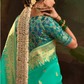 Teal Green Pure Silk Saree With Rich Golden Border & Designer Weaving Blouse