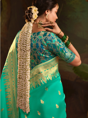 Teal Green Pure Silk Saree With Rich Golden Border & Designer Weaving Blouse