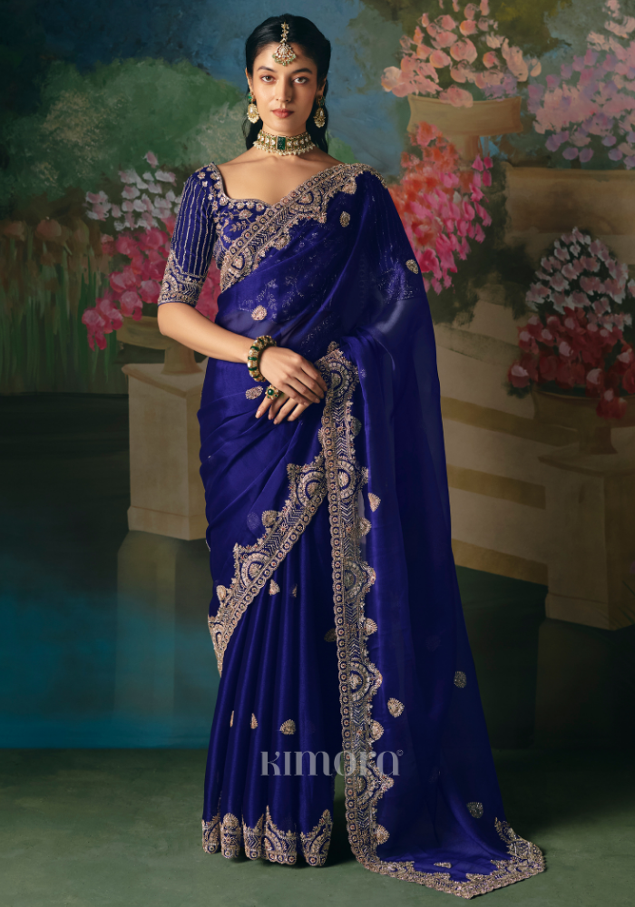 Neel Tissue Silk Heavy Work Saree In Blue