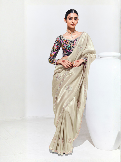 Beige Pure Tissue Silk Saree with Crushed Texture & Multicolor Floral Print Blouse