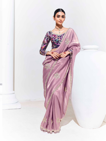 Pink Silk Saree With Embroidered Blouse