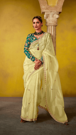 LEMON YELLOW SAREE WITH EMBROIDERED TEAL BLOUSE - Kimora.in