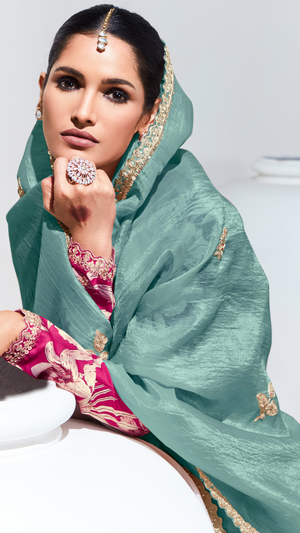 Teal Pure Tissue Silk Saree with Crushed Finish & Contrasting Red Blouse