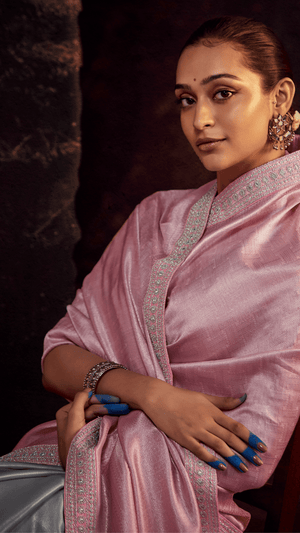 TWILIGHT ELEGANCE – PINK & GRAY KANJIVARAM SILK SAREE - Kimora.in