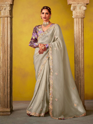 Elegant Silver Saree With Ornate Blouse