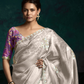 Silver Organza Saree with Purple Printed Blouse and Lace Border