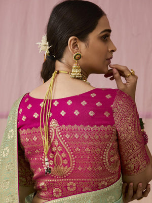 Sea Green Dola Silk Saree with Red Golden Embroidered Blouse