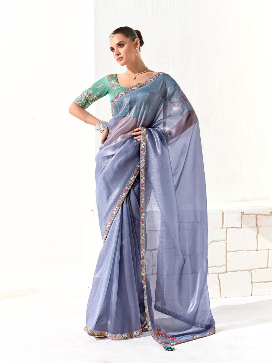 Skyloom organza shimmer saree in pastel blue
