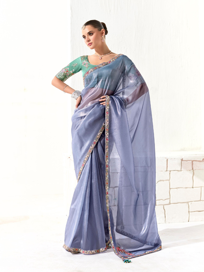 Premium Blue Organza Saree with Embroidered Green Blouse