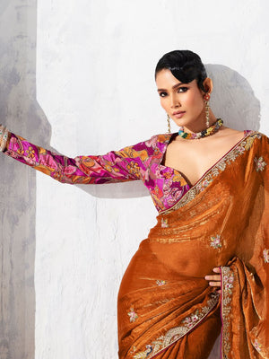 Orange Fancy Silk Saree With Work and Designer Blouse