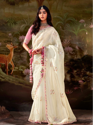 White Tissue Silk Saree with Pink Blouse