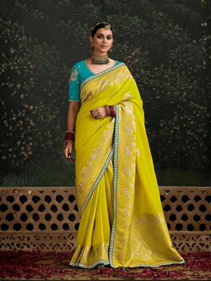 Lime Yellow Banarasi Dola Silk Saree