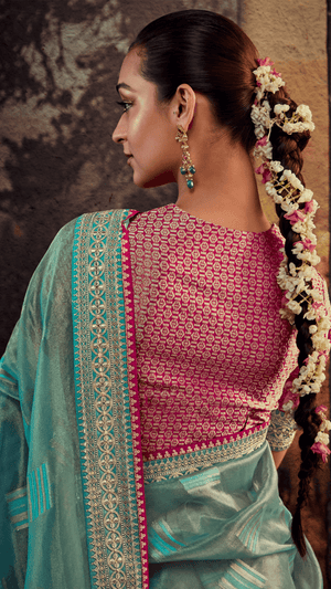 ROYAL RADIANCE – BLUE JACQUARD SILK SAREE WITH RICH RED BORDER - Kimora.in