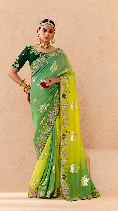 Shaded Green & Yellow Tussar Silk Saree