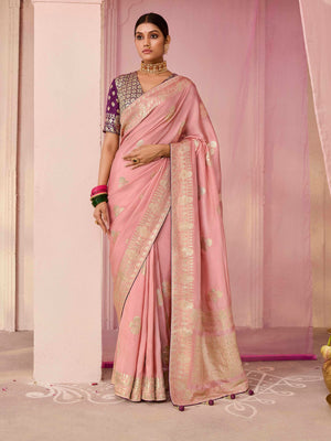 Blush Pink Weaving Silk Saree with Wine Blouse